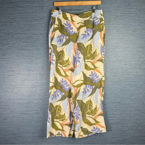 Tahari Women's 100% Linen Wide Leg Cropped Pants Size Small White Gray Palm Leaf - Picture 1 of 4